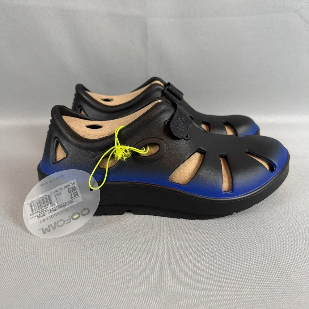 Oofos Oocandoo Recovery Sandals Womens 9 Black Blue Slip-On Shoes Unisex M7 NIB